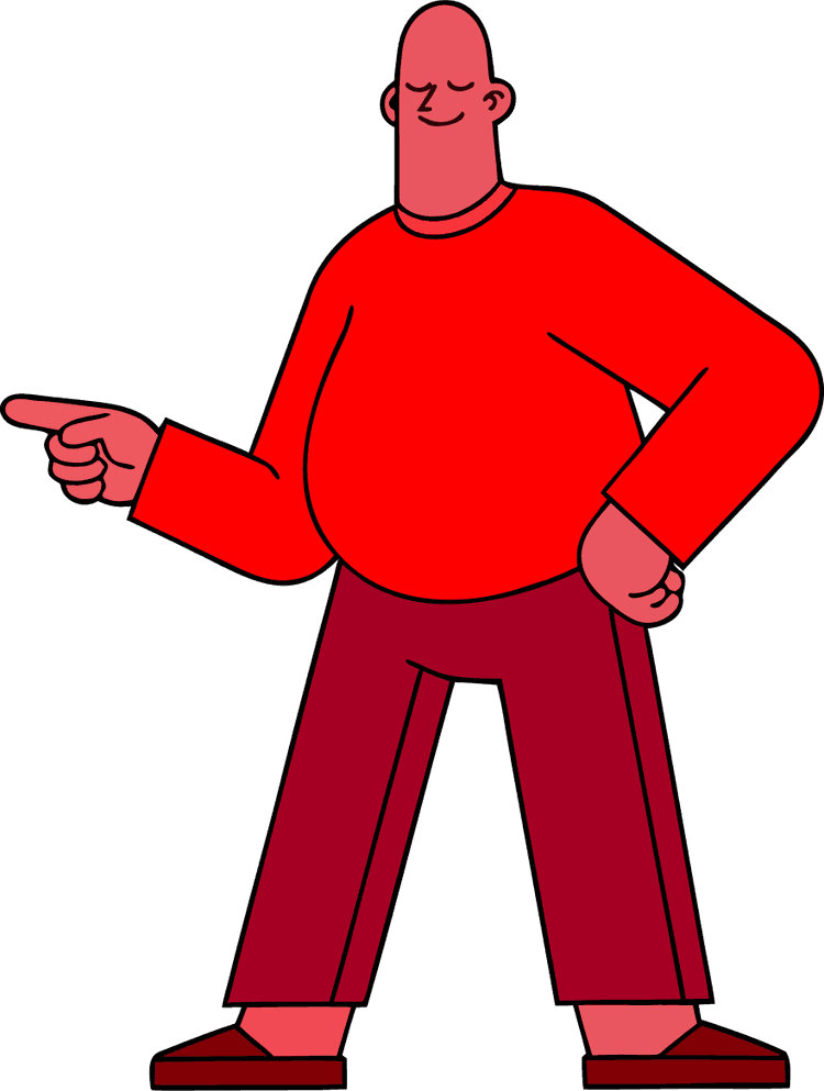 Personagem cartoon apontando em direção à proposta de valor da Greart